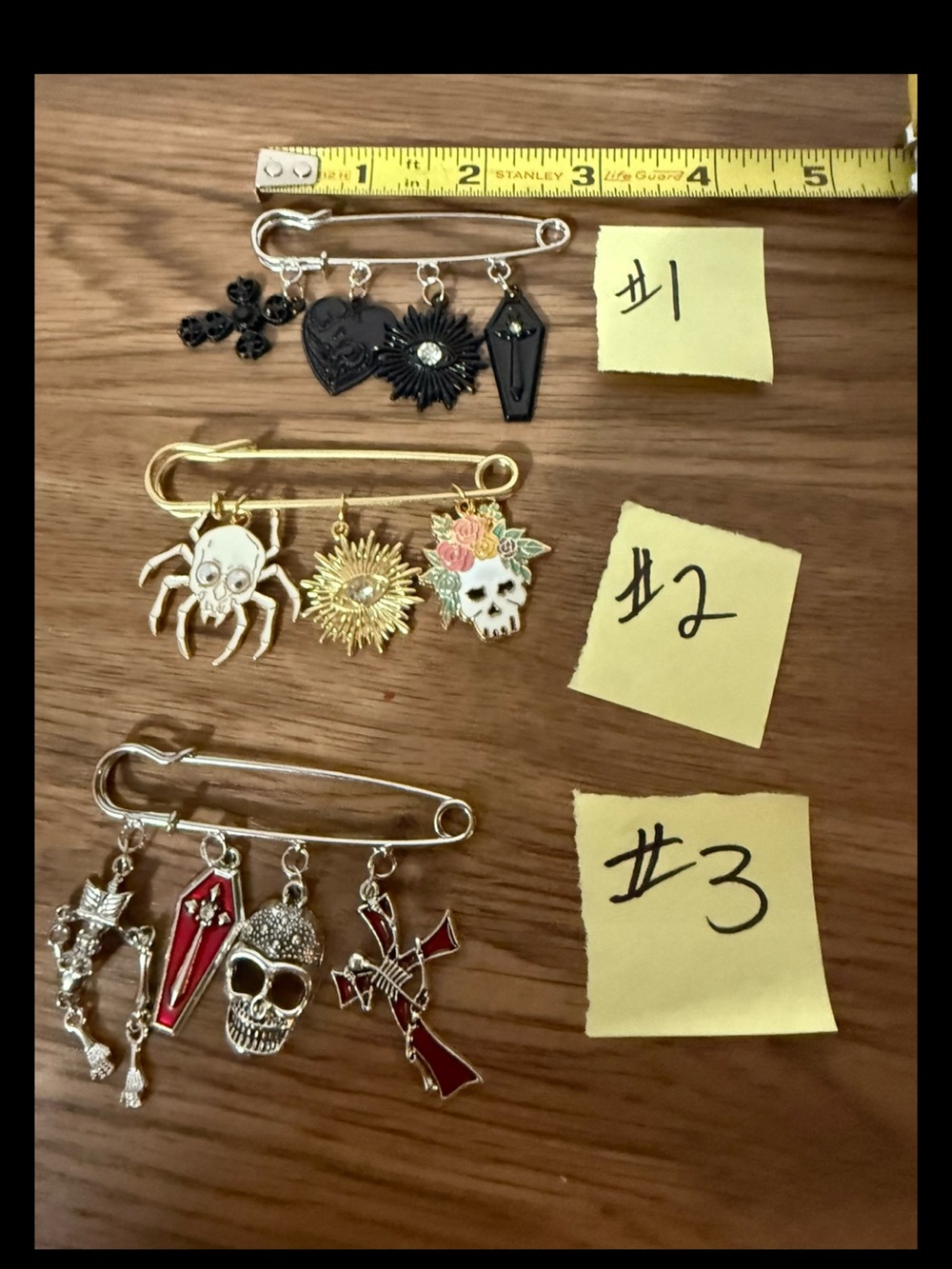 Set of 3 Decorative Safety Pin Brooches with Charms - Black, Gold, Silver